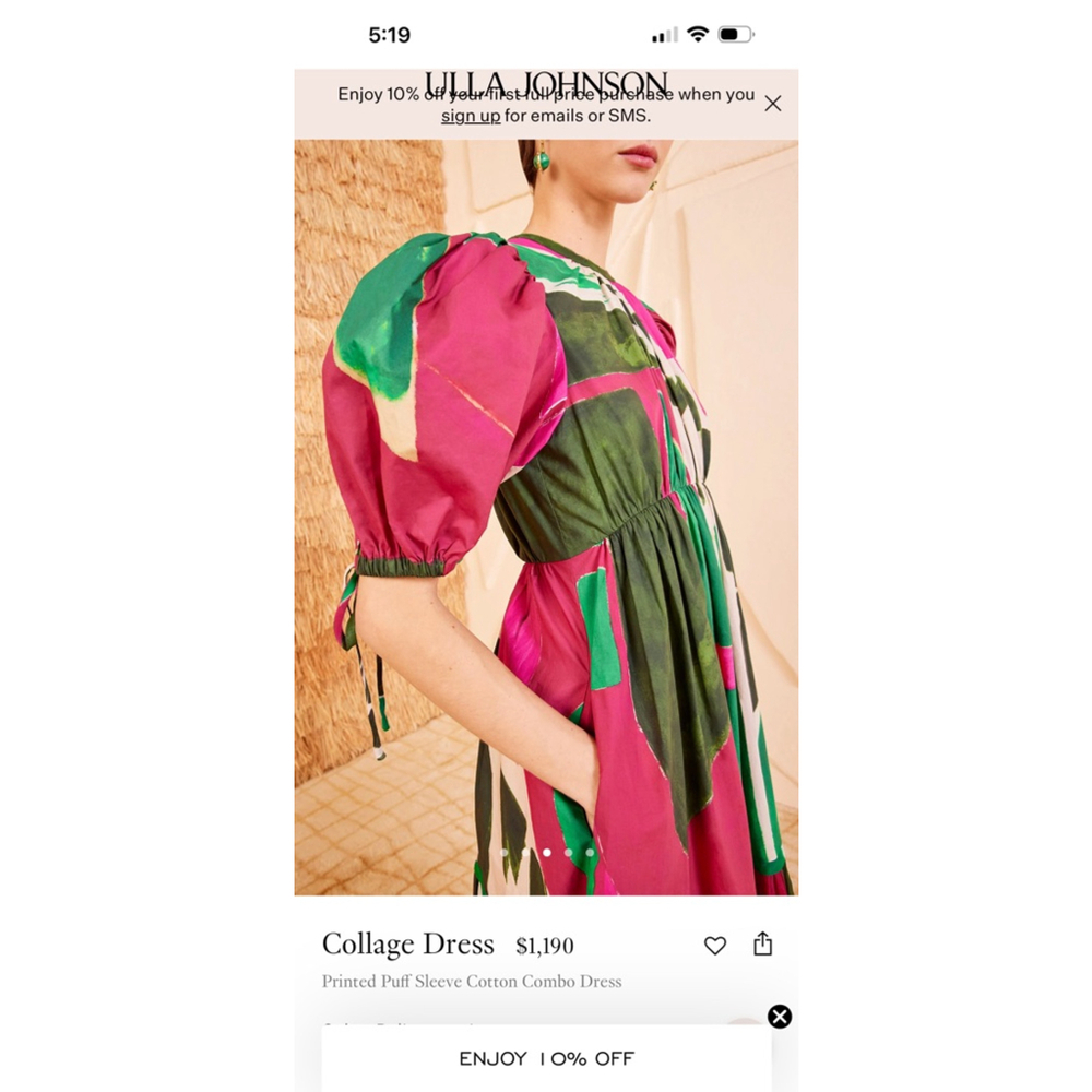 Ulla Johnson Pink and Green Collage Puff Sleeve Dress Size 8 - Picture 5 of 14